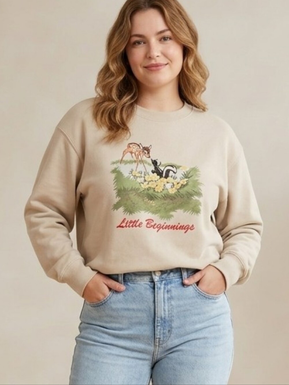 Uniqlo UT Disney Bambi Flower Sweatshirt Medium Beige Tan Little Beginnings Crew